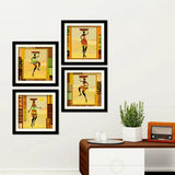 African Women Dressed in Decorative and Dancing Frame Wall Painting Set of 4