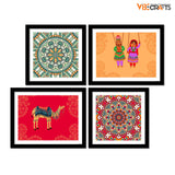Mandala Pattern with Rajasthani Puppets & Camel 4 Pieces Wall Frame Hanging