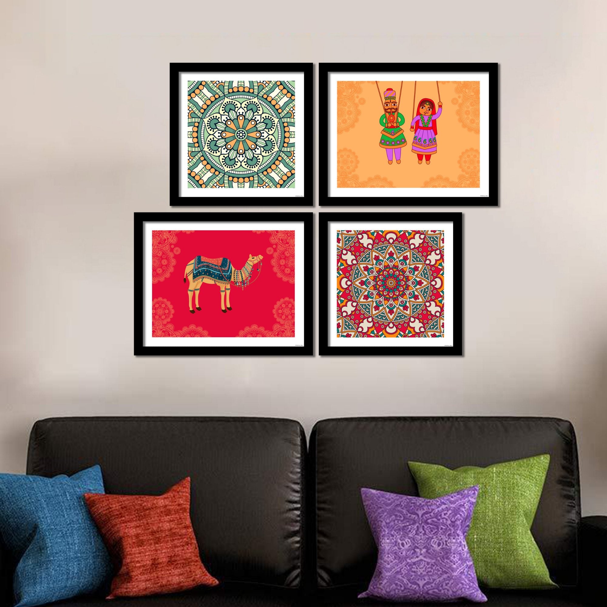 Mandala Pattern with Rajasthani Puppets & Camel 4 Pieces Wall Frame Hanging