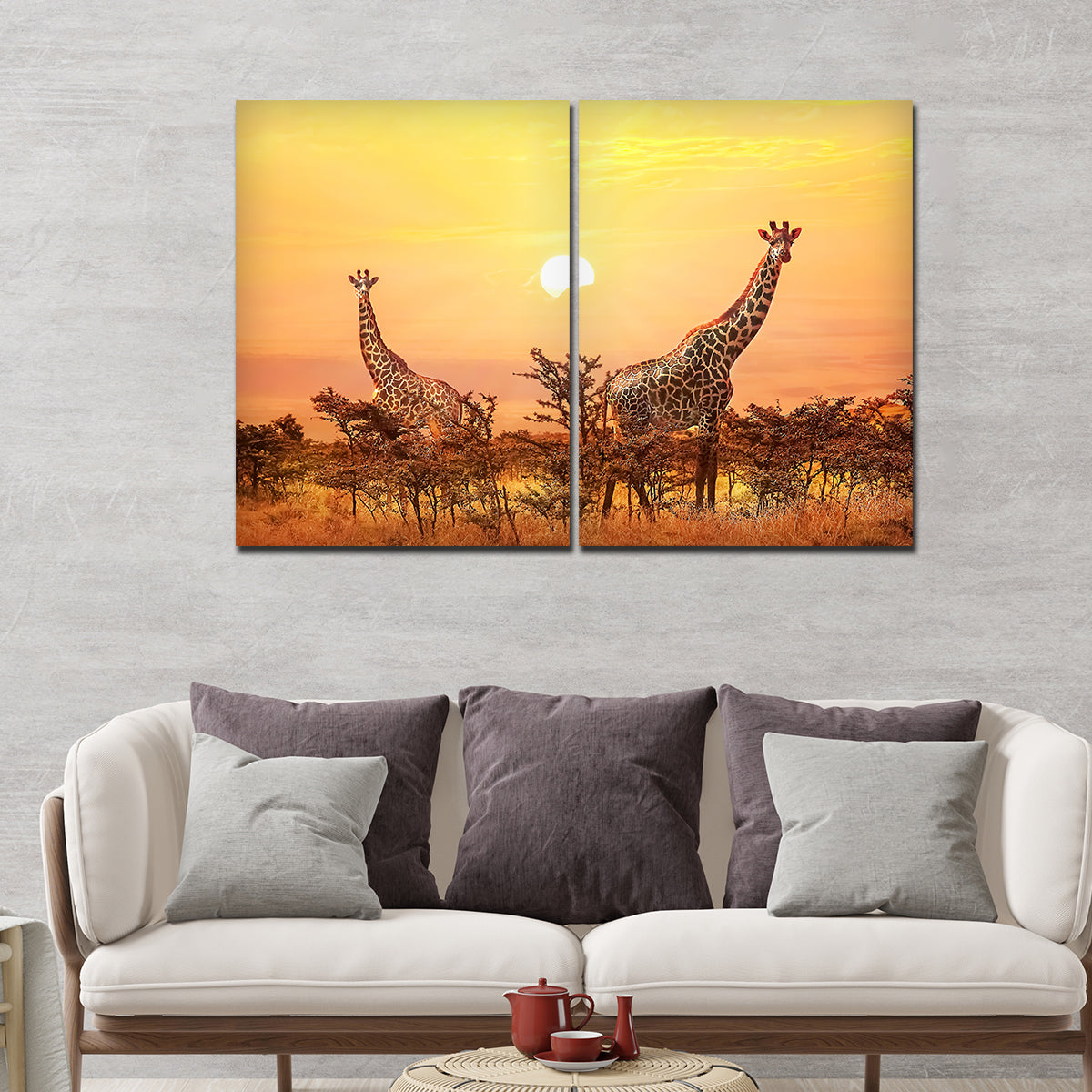 Premium 2 Pieces Wall Painting of Giraffes in Sunset