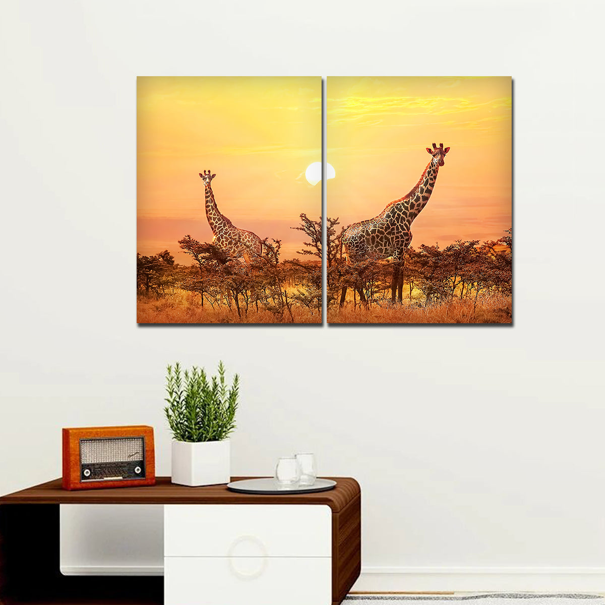 Premium 2 Pieces Wall Painting of Giraffes in Sunset