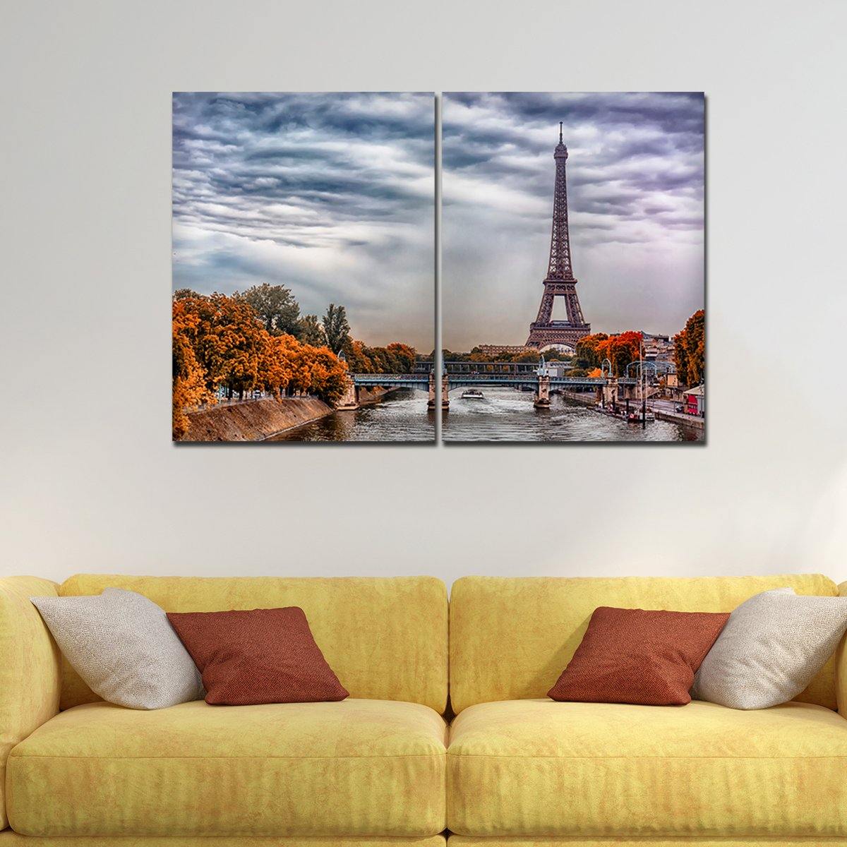 A View of Eiffel Tower and Seine River Canvas Wall Painting of 2 Pieces - Vibecrafts