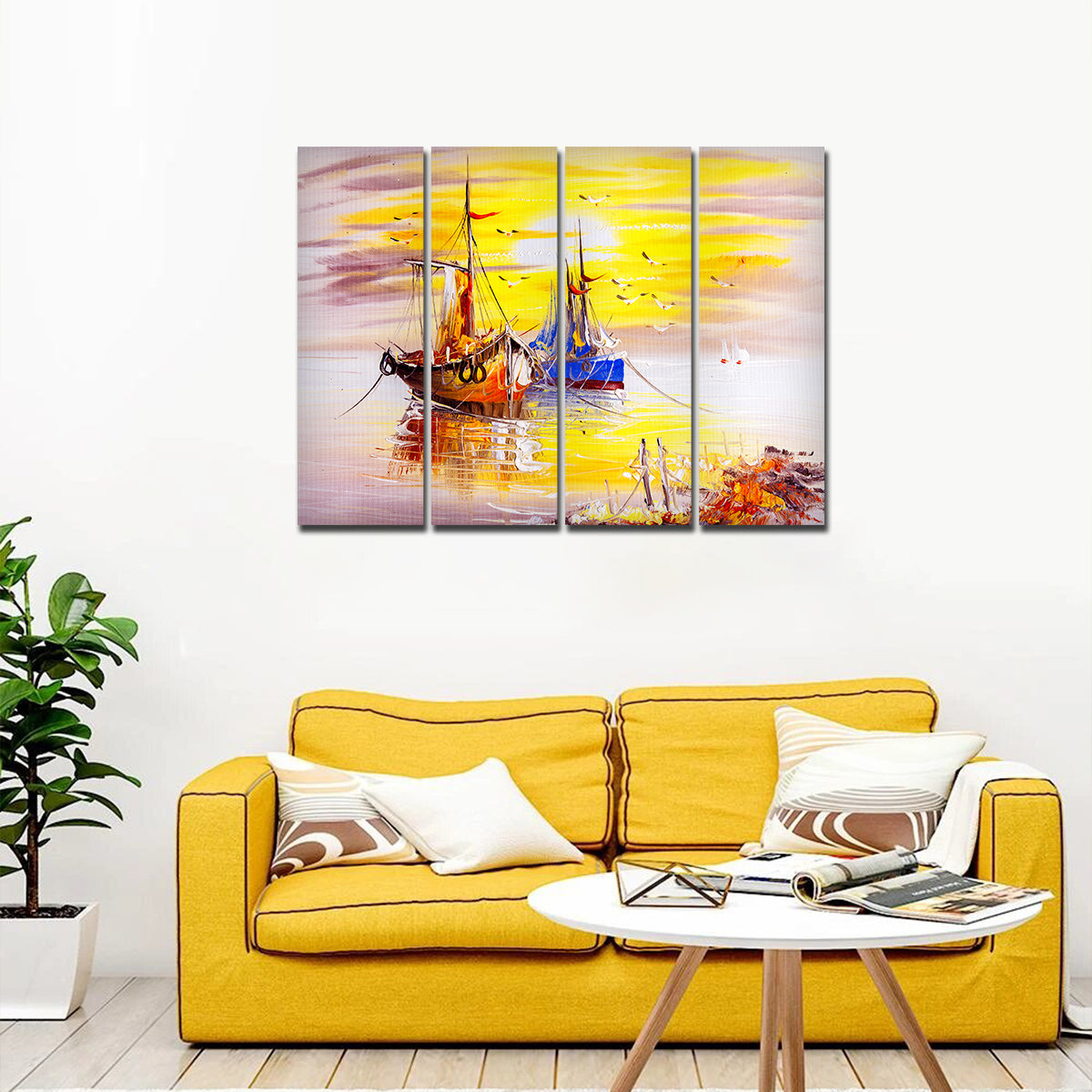 Colorful Boats 4 Pieces Canvas Wall Painting