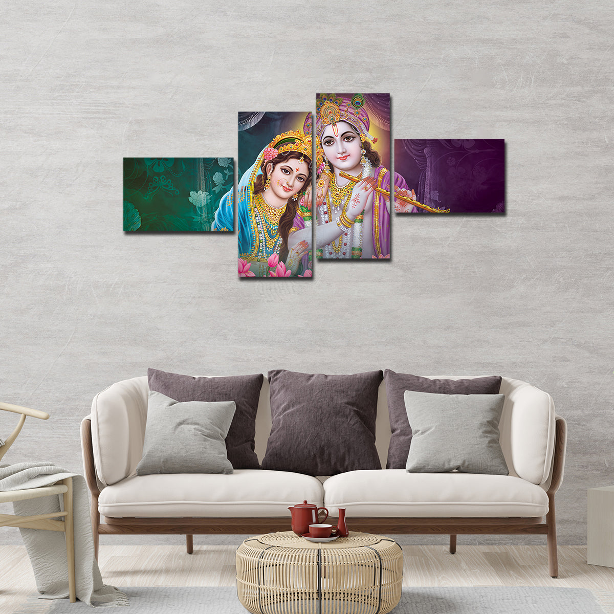 Canvas Wall Painting of 4 Pieces Lord Krishna with Radha
