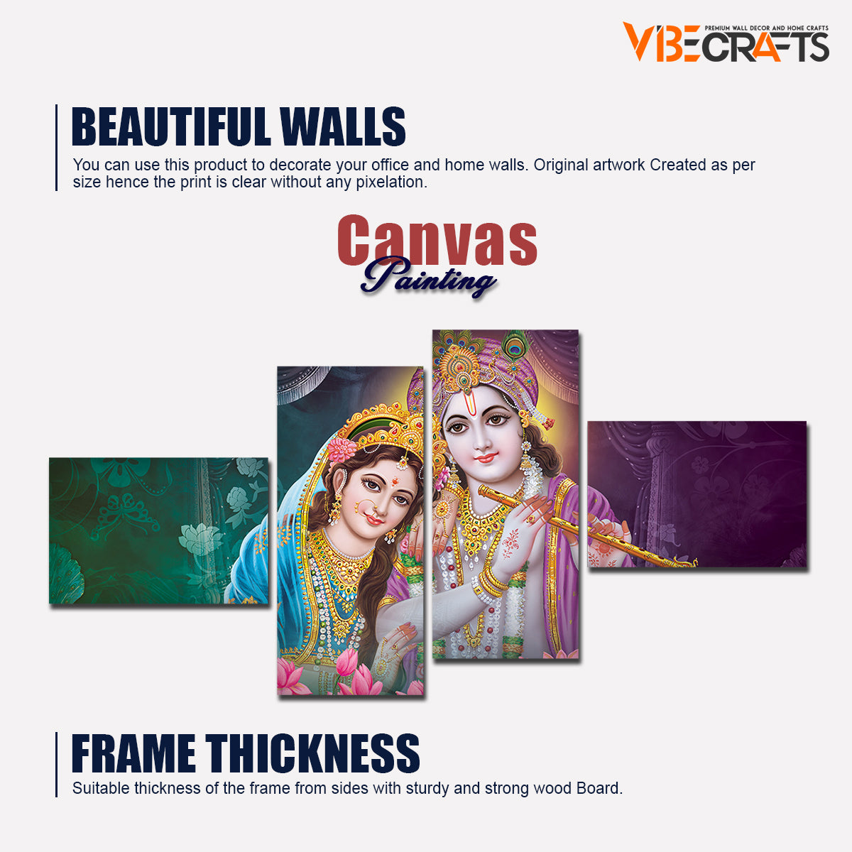 Canvas Wall Painting of 4 Pieces Lord Krishna with Radha