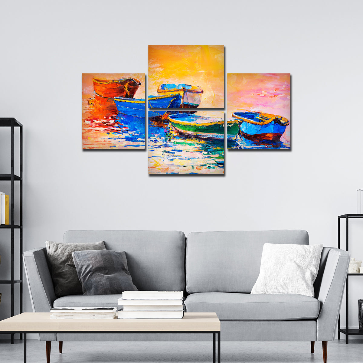 Boats and Sunset 4 Pieces Canvas wall Painting
