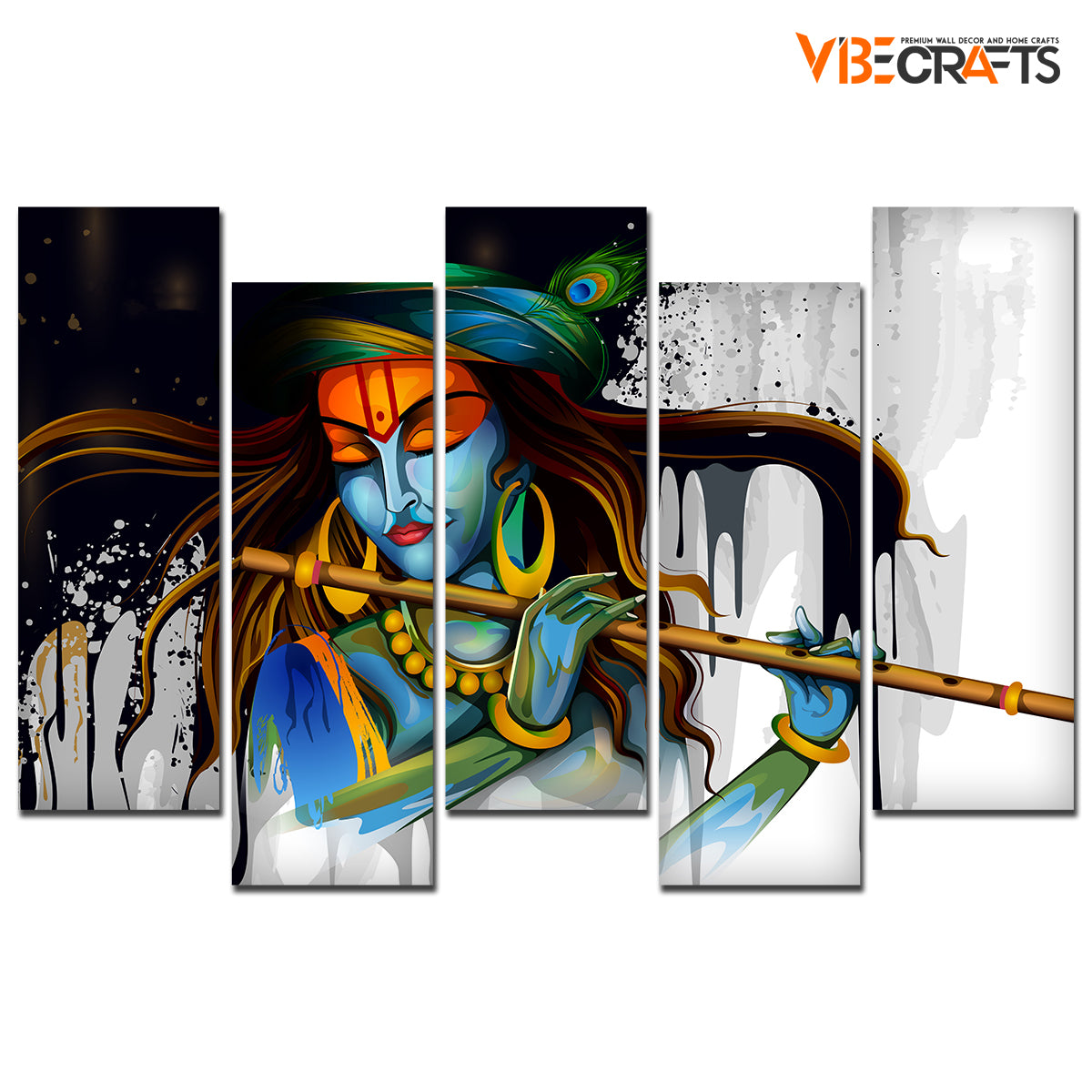 Premium 5 Pieces Wall Painting of Lord Krishna Playing Flute