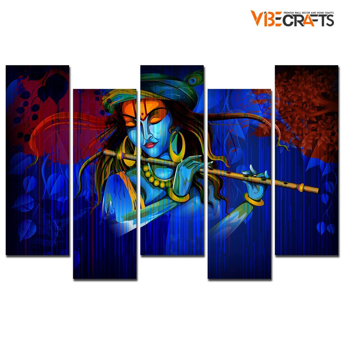 5 Pieces Canvas Wall Painting of Lord Krishna Playing Flute in Dark Forest - Vibecrafts
