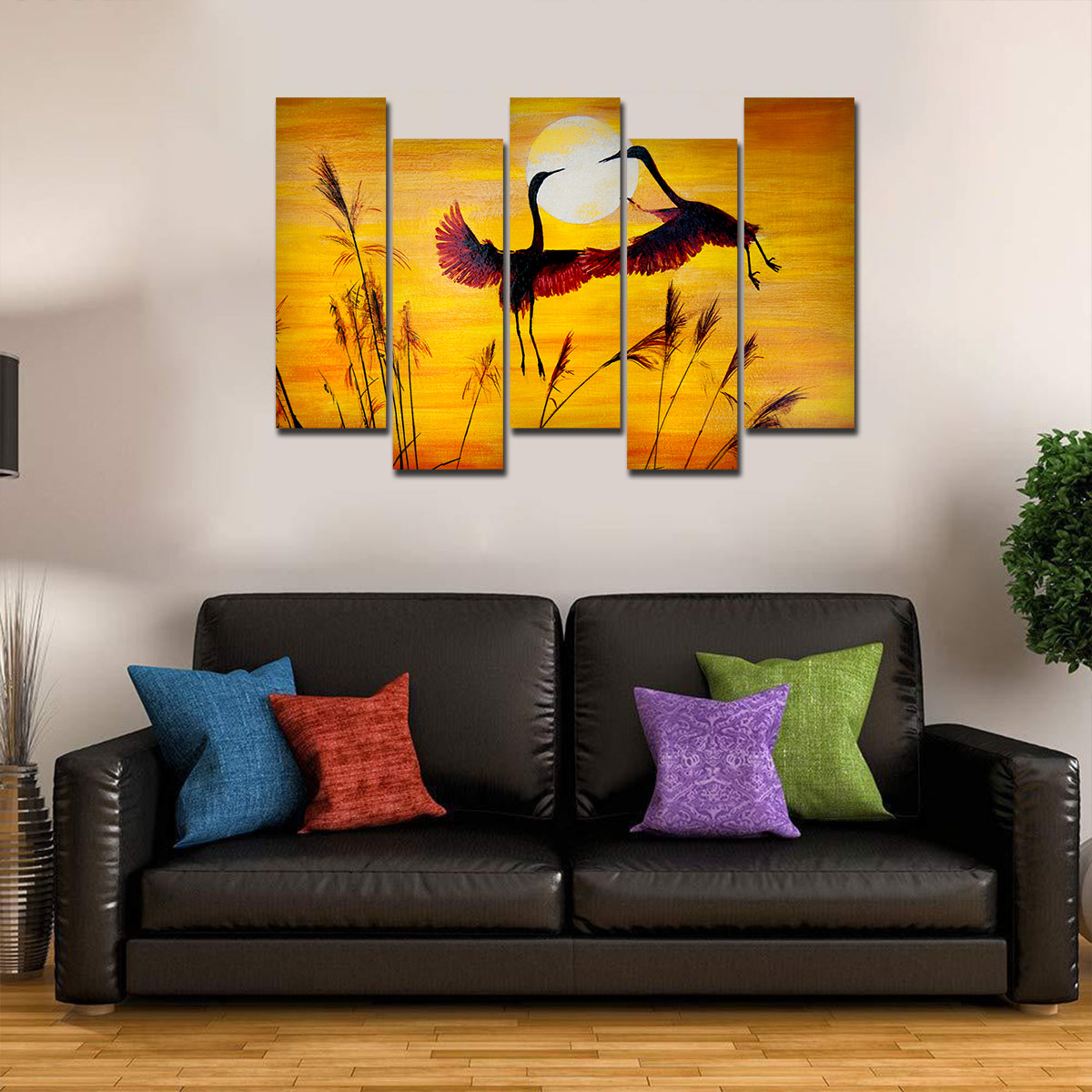 Pair of Cranes Flying 5 Pieces Canvas Wall Painting