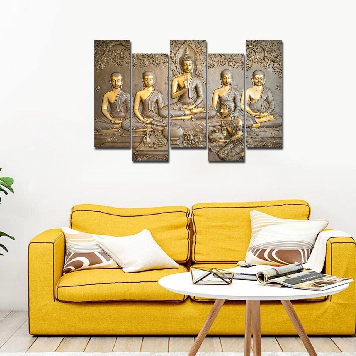 A Beautiful 5 Pieces Wall Painting of Lord Buddha in Temple - Vibecrafts