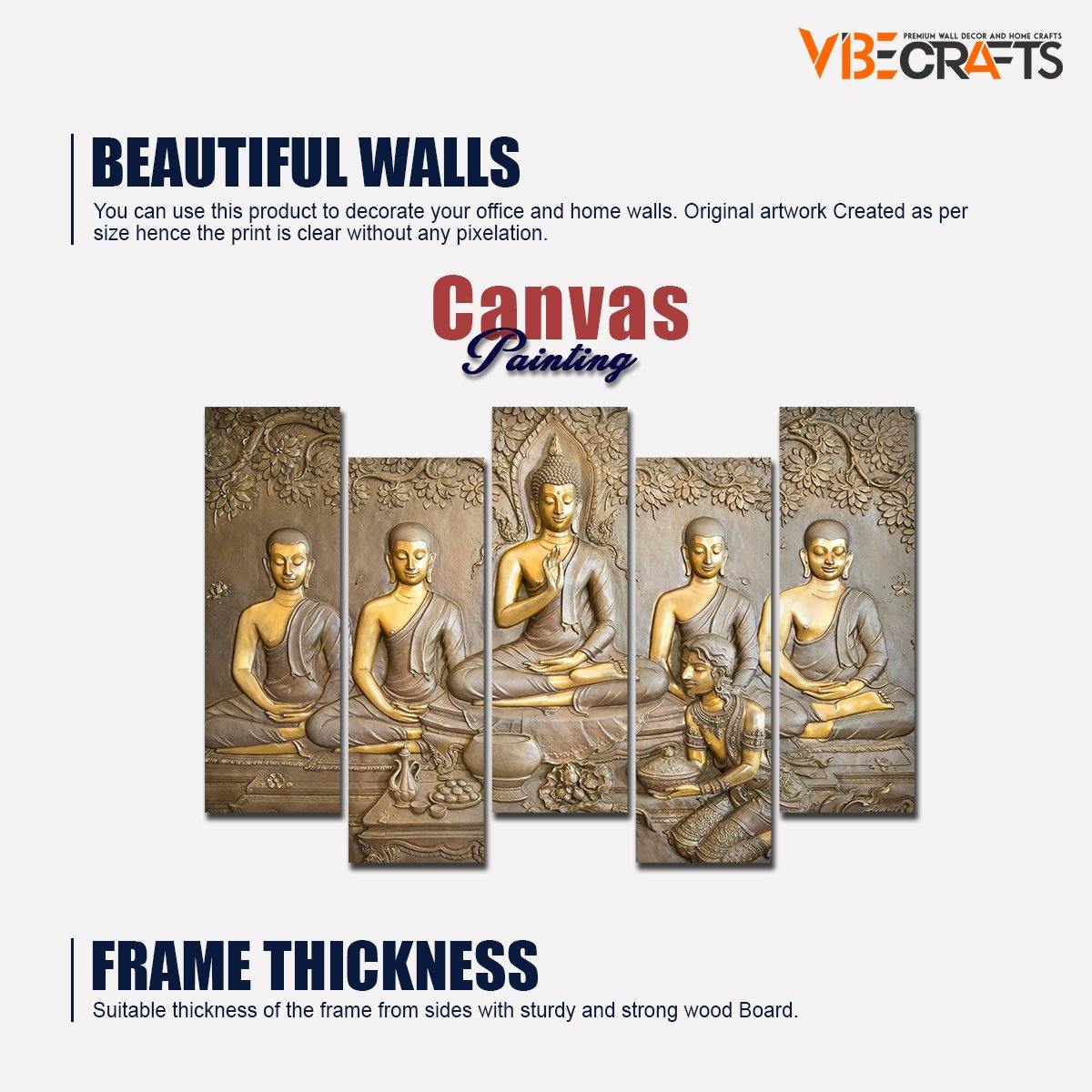 A Beautiful 5 Pieces Wall Painting of Lord Buddha in Temple - Vibecrafts