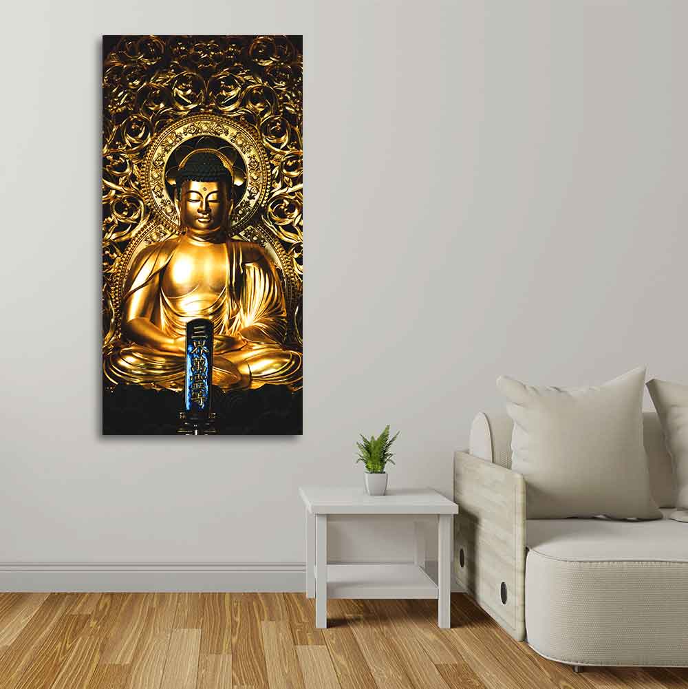 Gautam Buddha Golden Sculpture Vertical Wall Painting