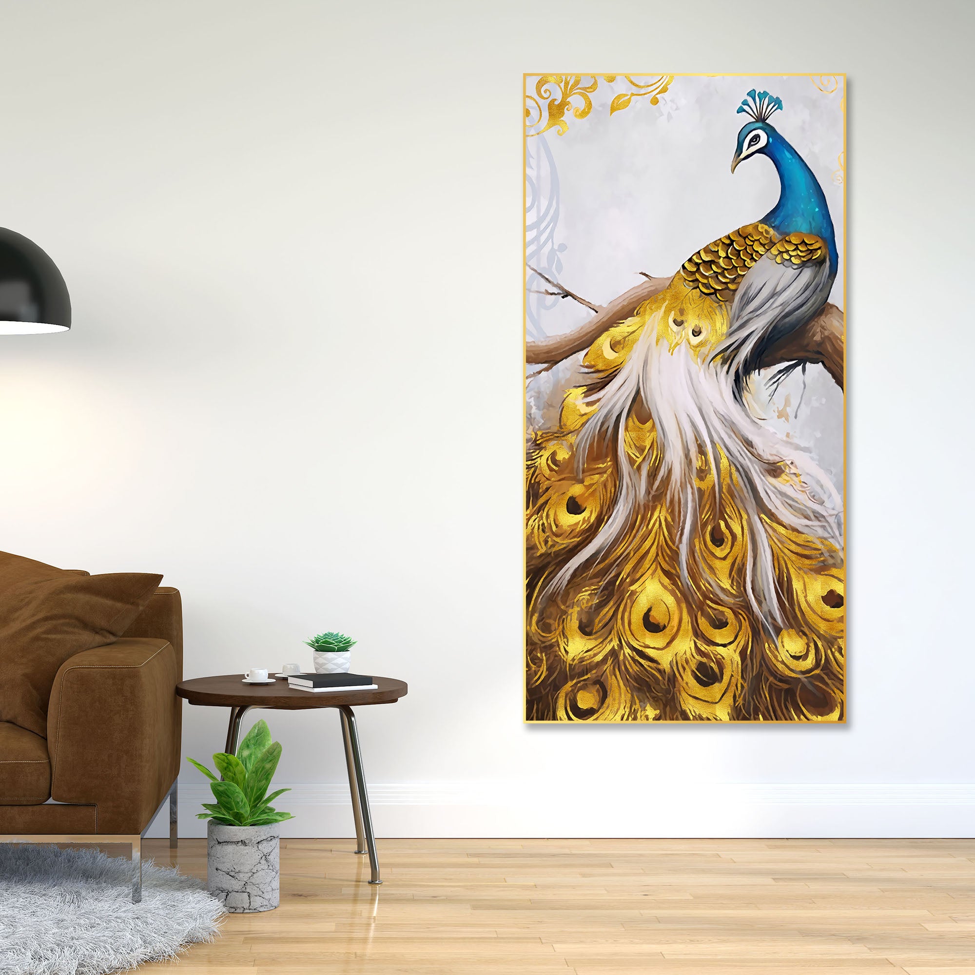 Peacock Golden Feather Floating Canvas Wall Painting