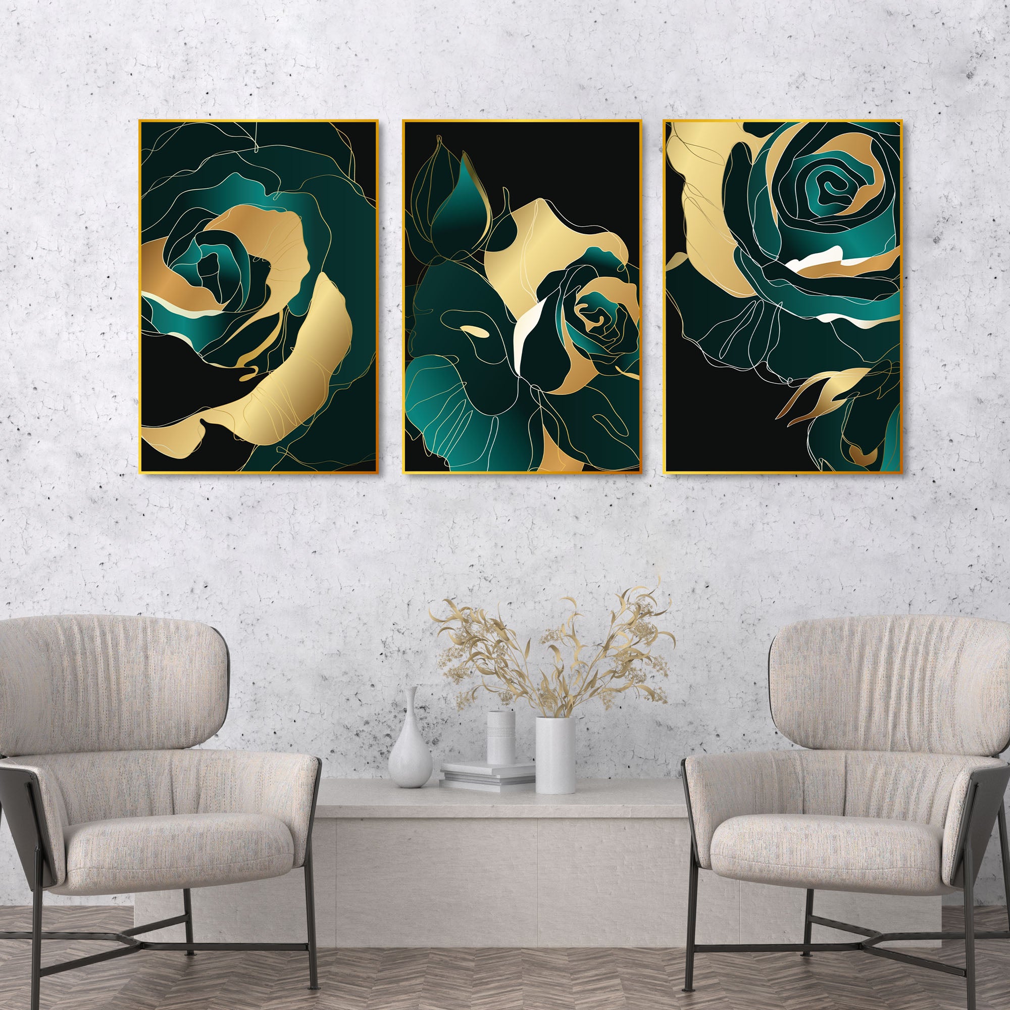 Rose Abstract Line Art Floating Canvas Wall Painting Set of Three