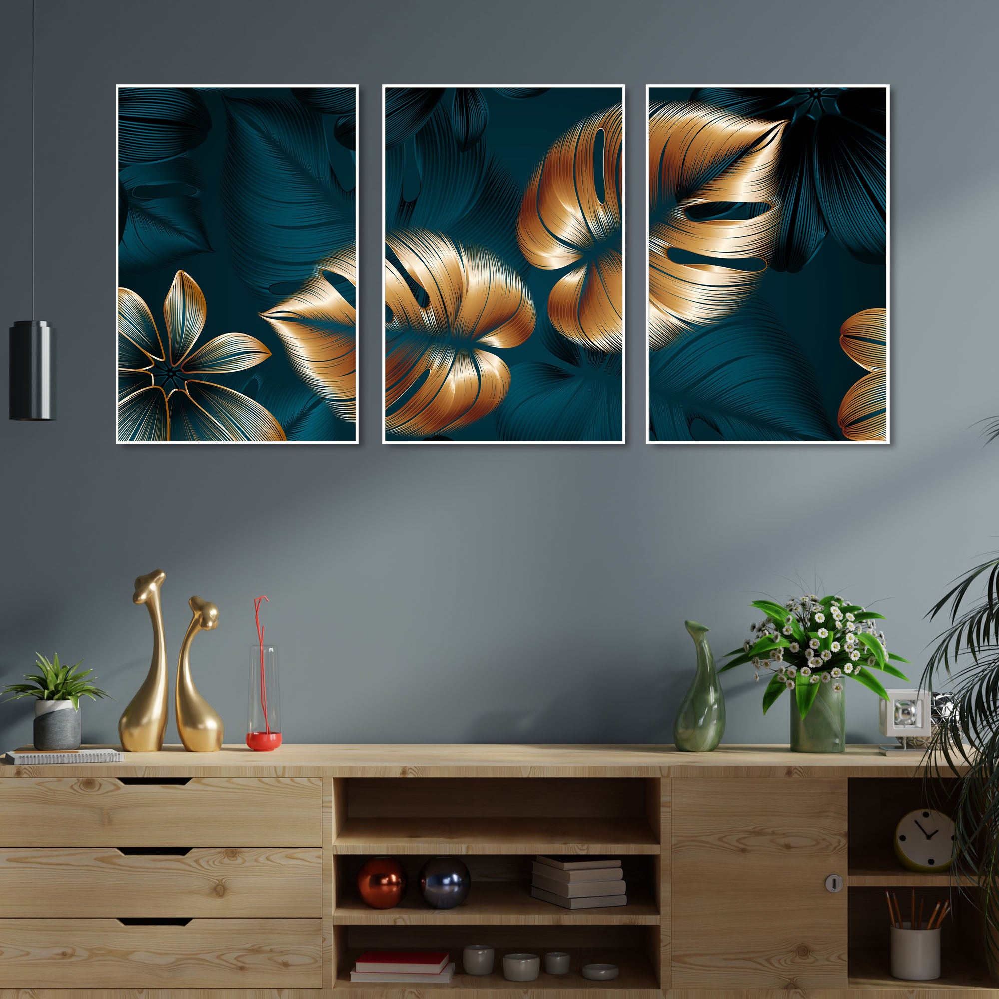 Shiny Golden Leaves Floating Canvas Wall Painting Set of Three