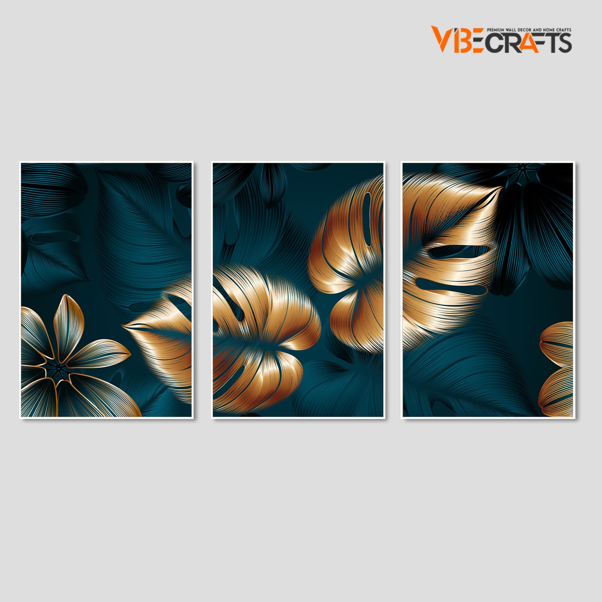 Shiny Golden Leaves Floating Canvas Wall Painting Set of Three
