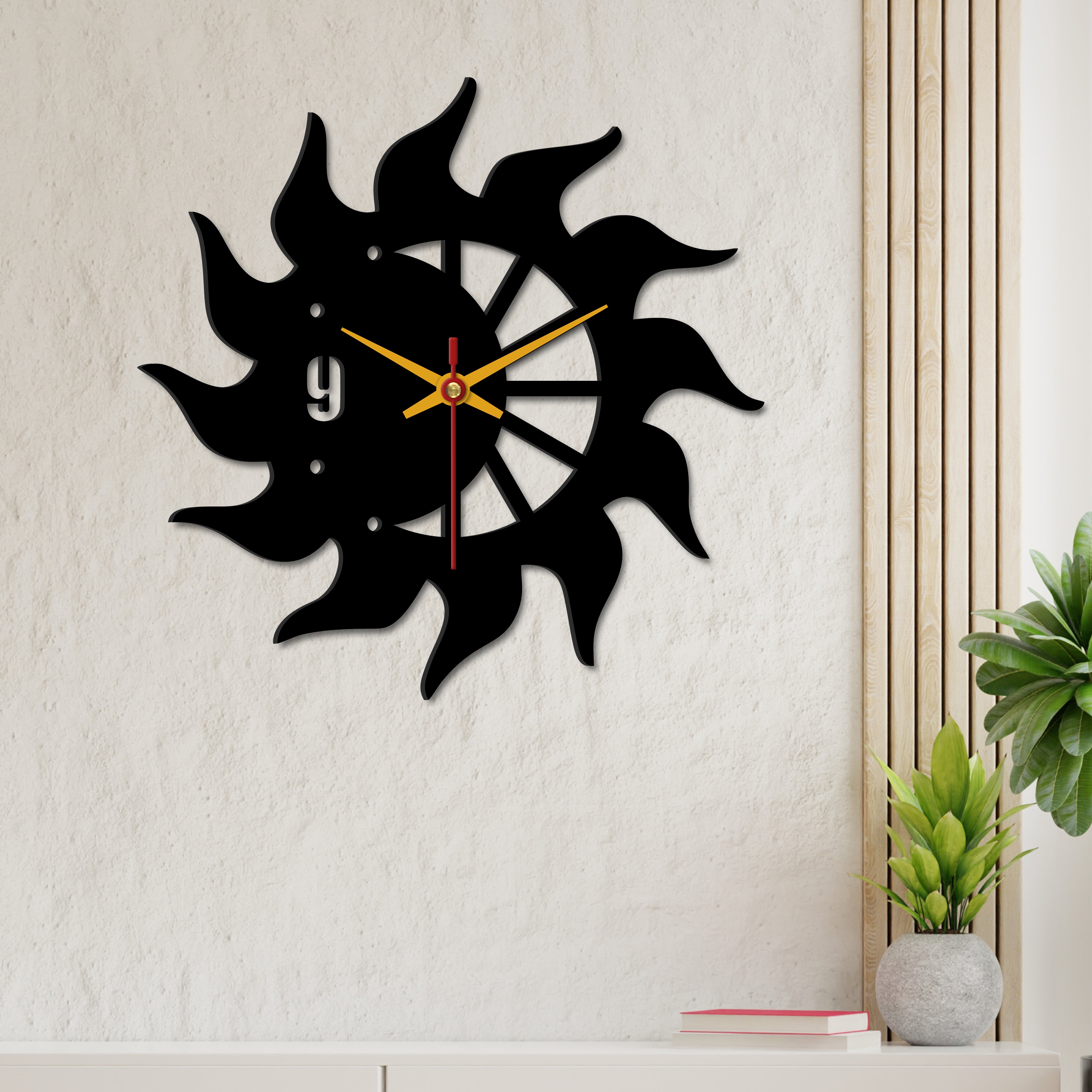 Sun Flames Wooden Wall Clock