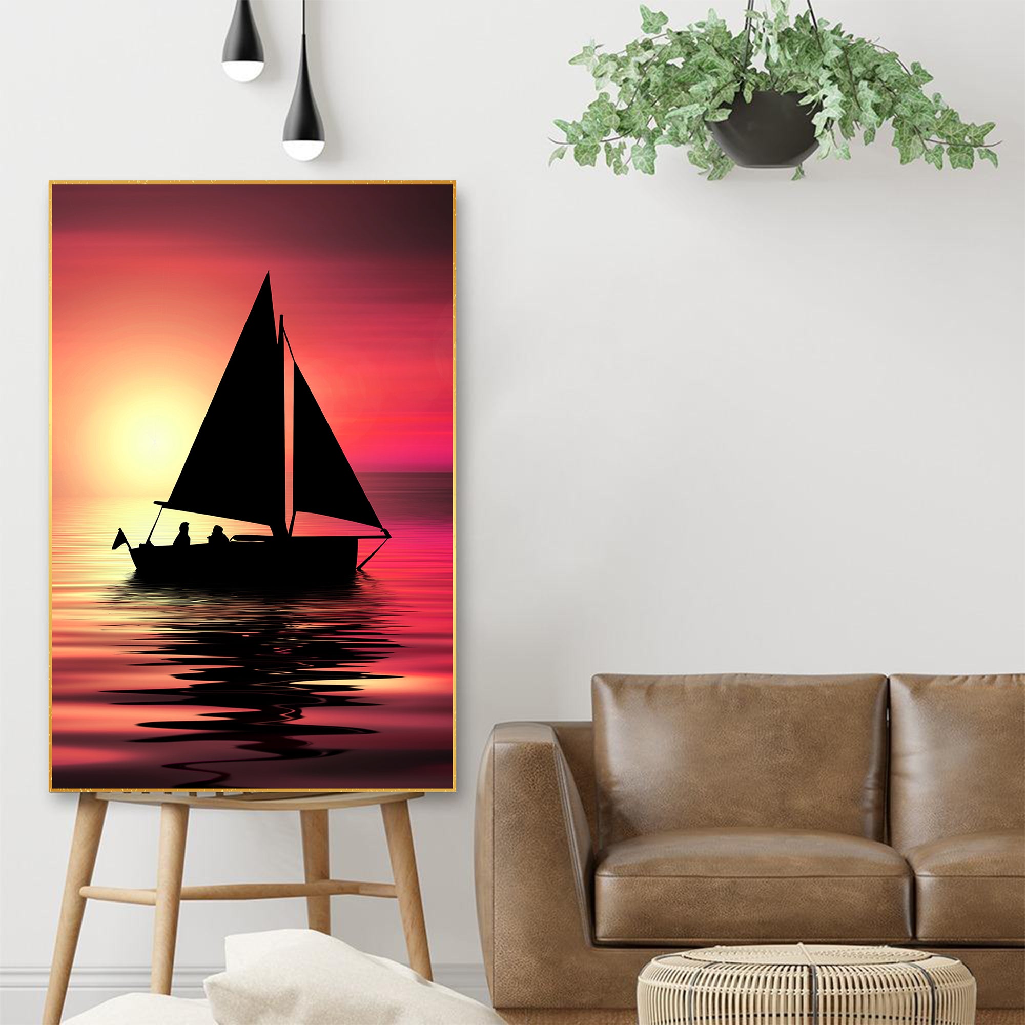 Sunset & Boat Silhouette Floating Canvas Wall Painting