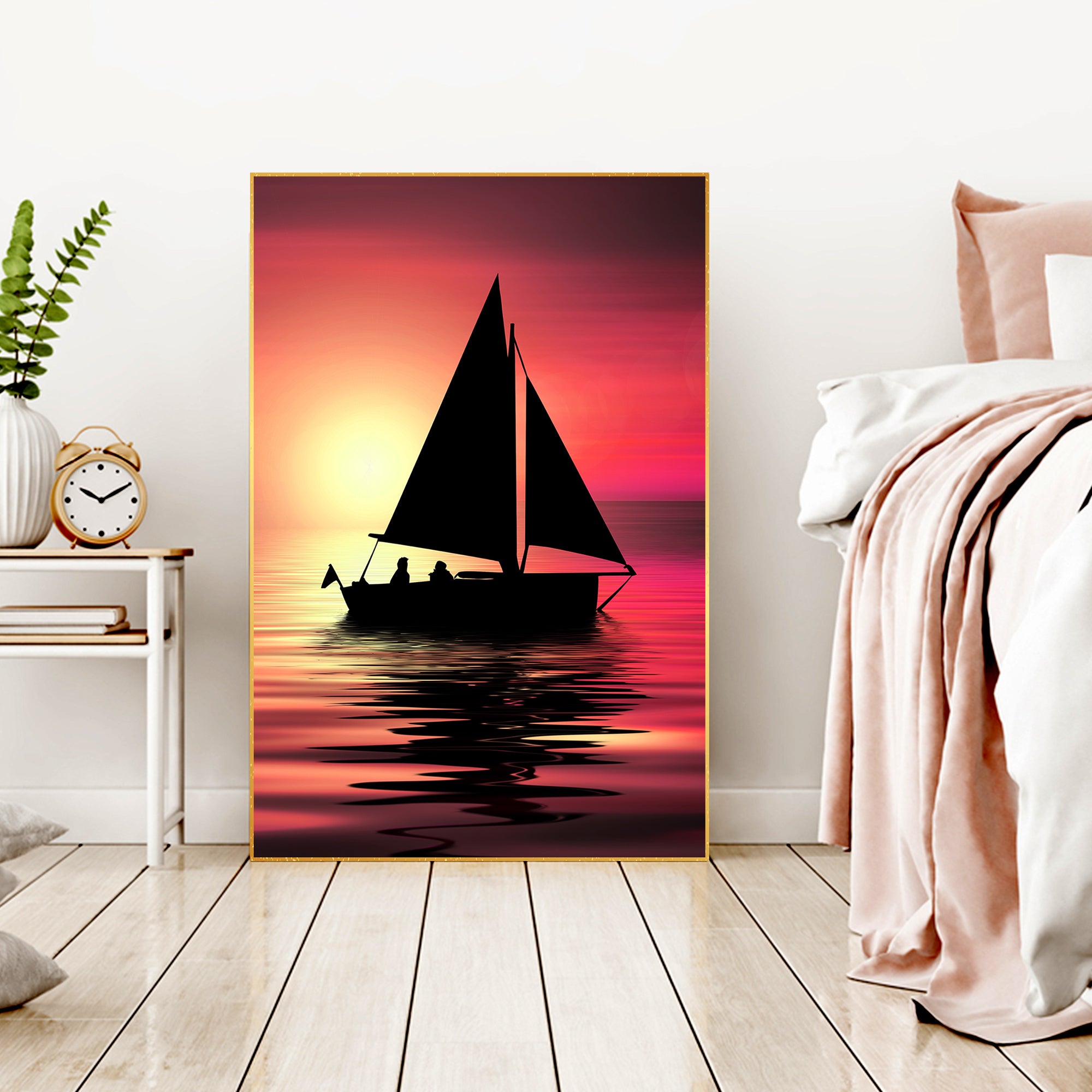 Sunset & Boat Silhouette Floating Canvas Wall Painting