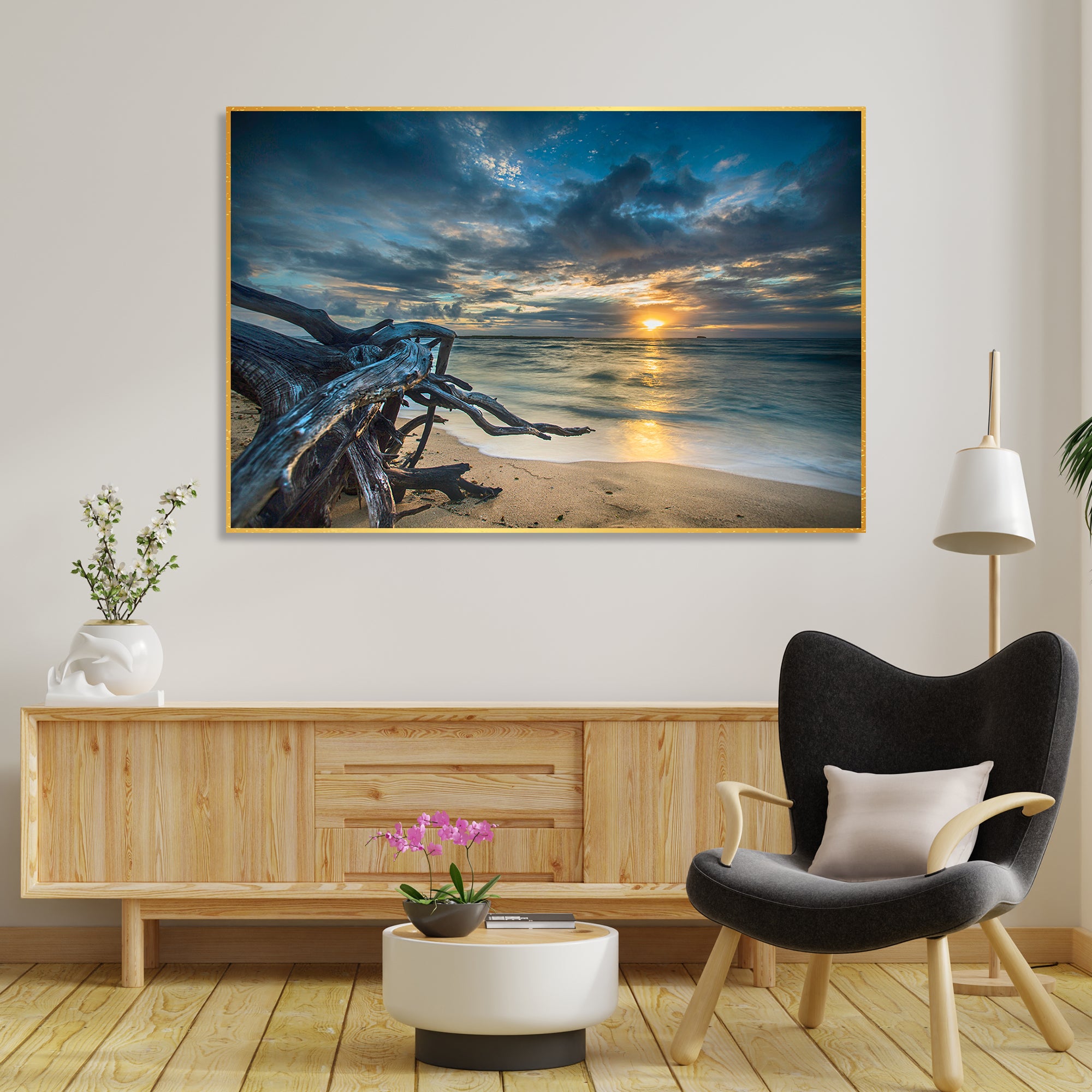 Sunset at Beach Field Wall Painting Floating Canvas