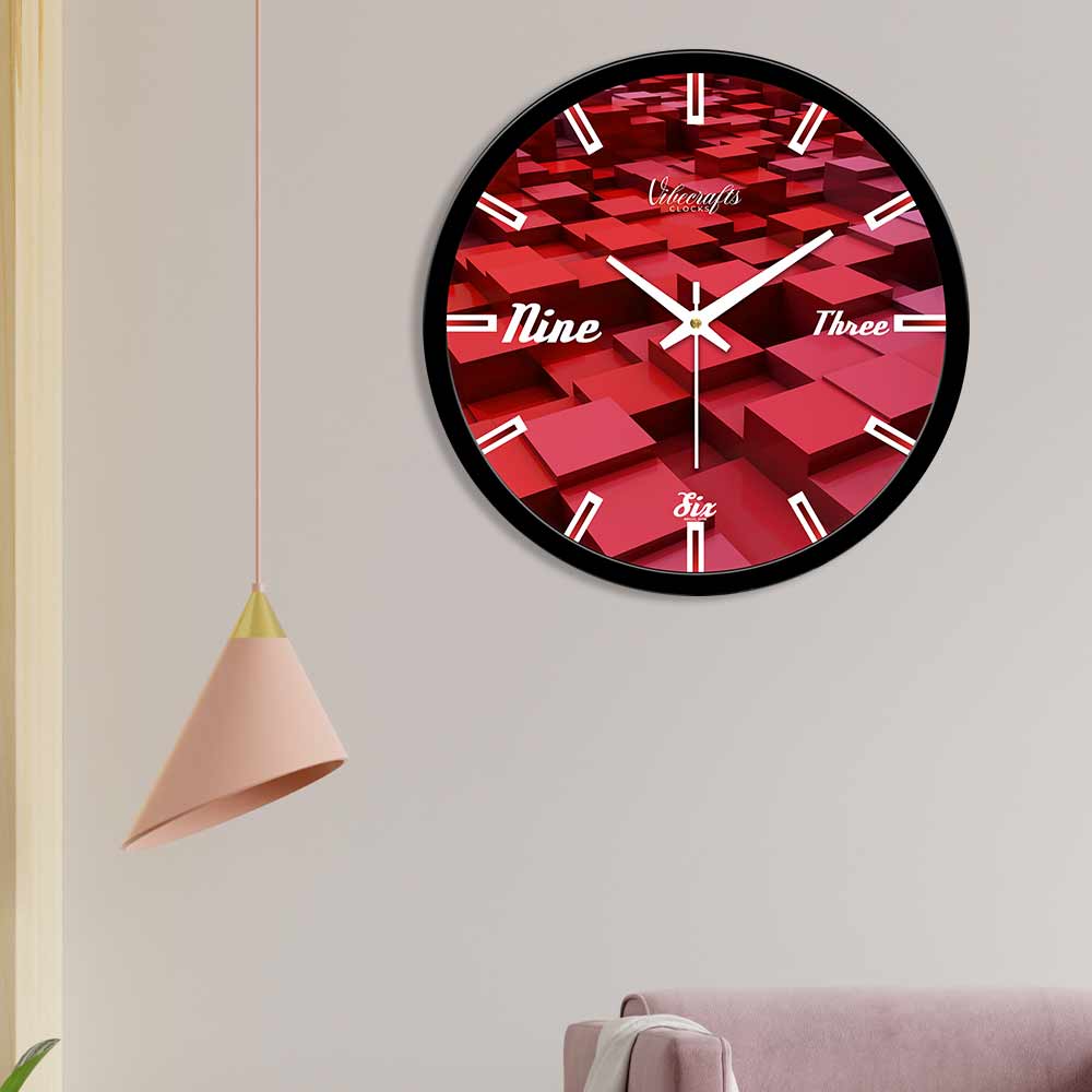Red 3D Qubik Pattern Designer Wall Clock