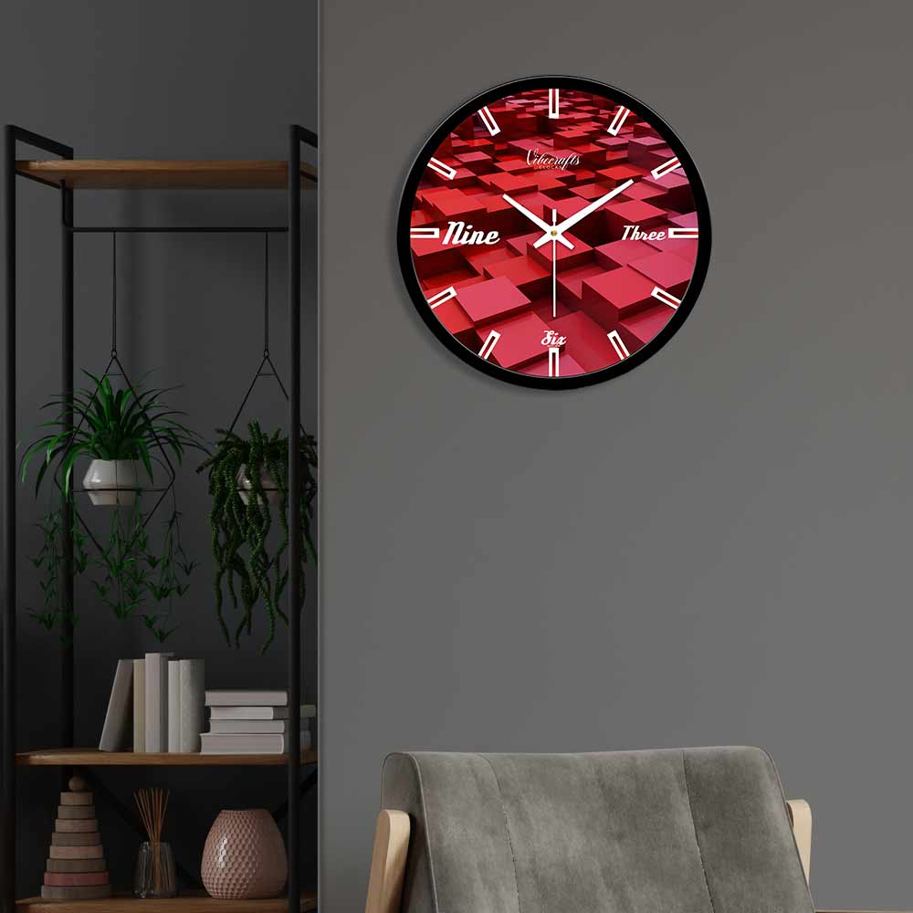 Red 3D Qubik Pattern Designer Wall Clock