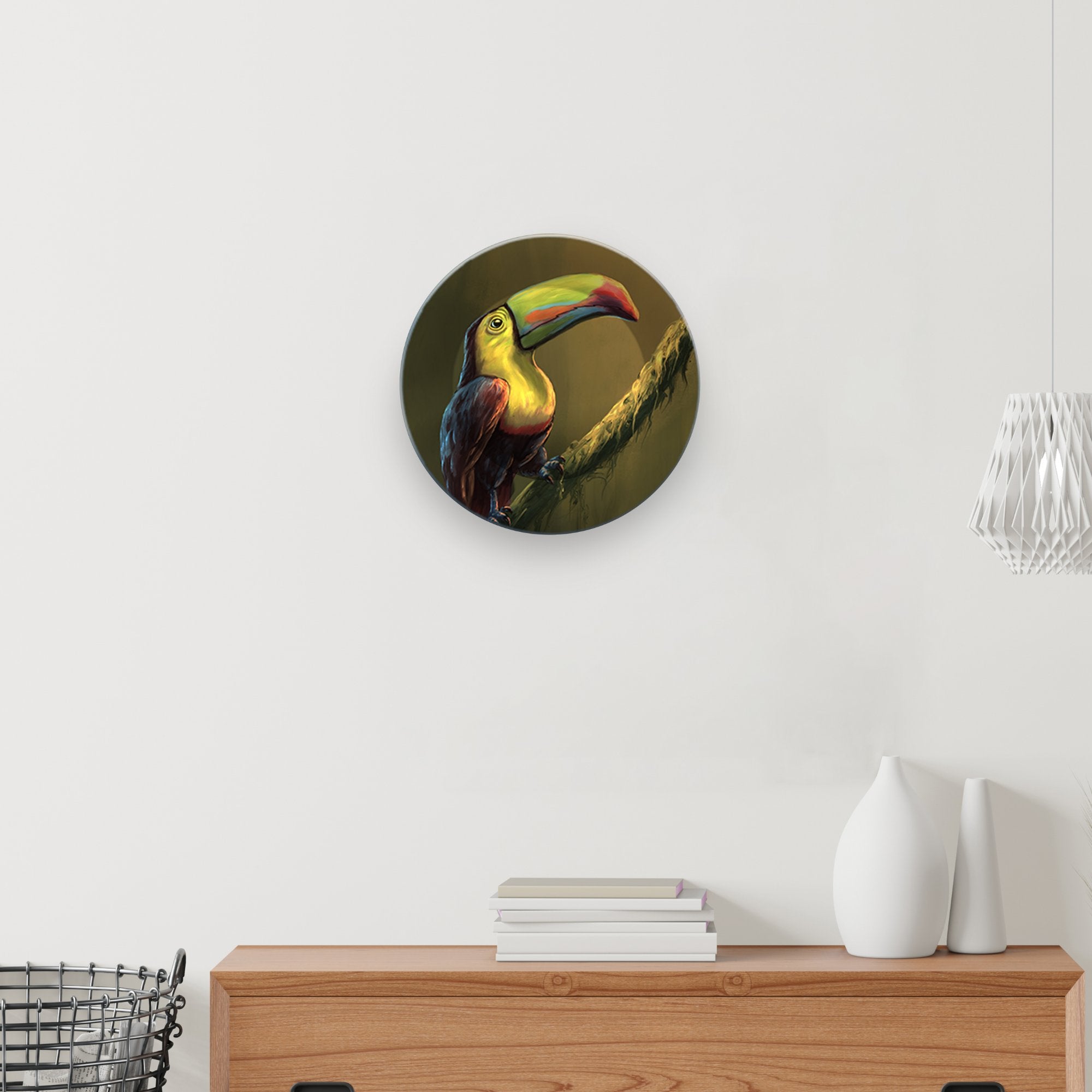 Ceramic Hanging Wall Plate Painting of Toucan Bird on Tree Branch