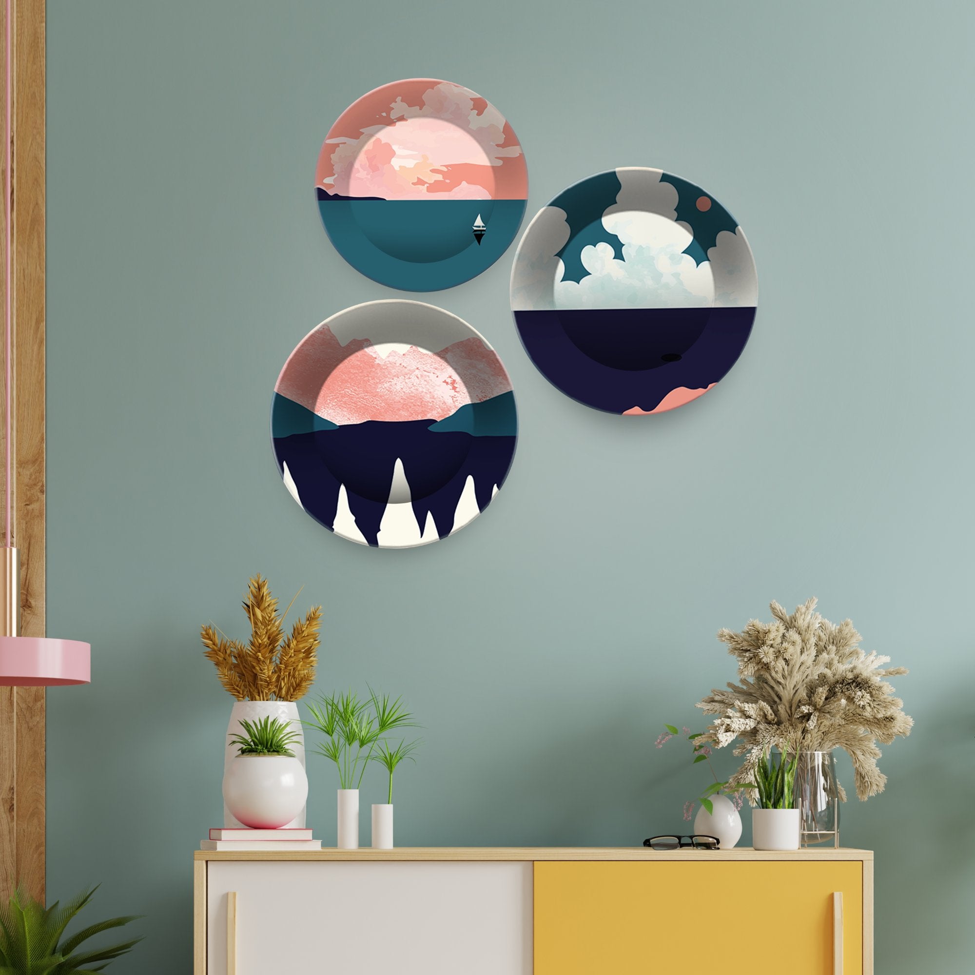 Ceramic Wall Plates with Beautiful Modern Art Mountain Scenery Set of 3