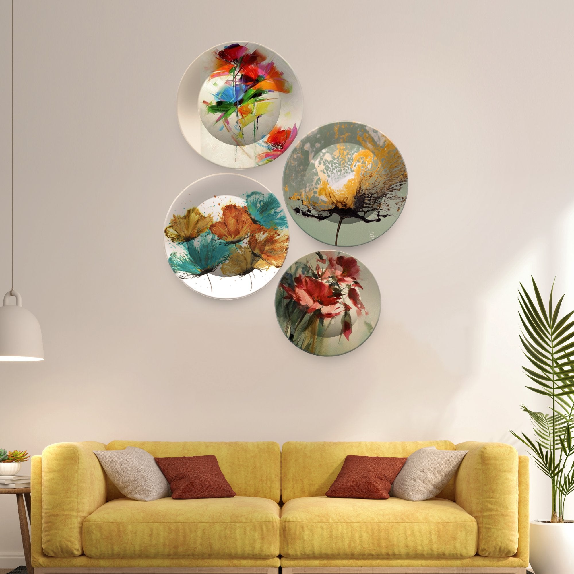 Luxury Ceramic Wall Plates Painting of Abstract Flowers 4 Pieces