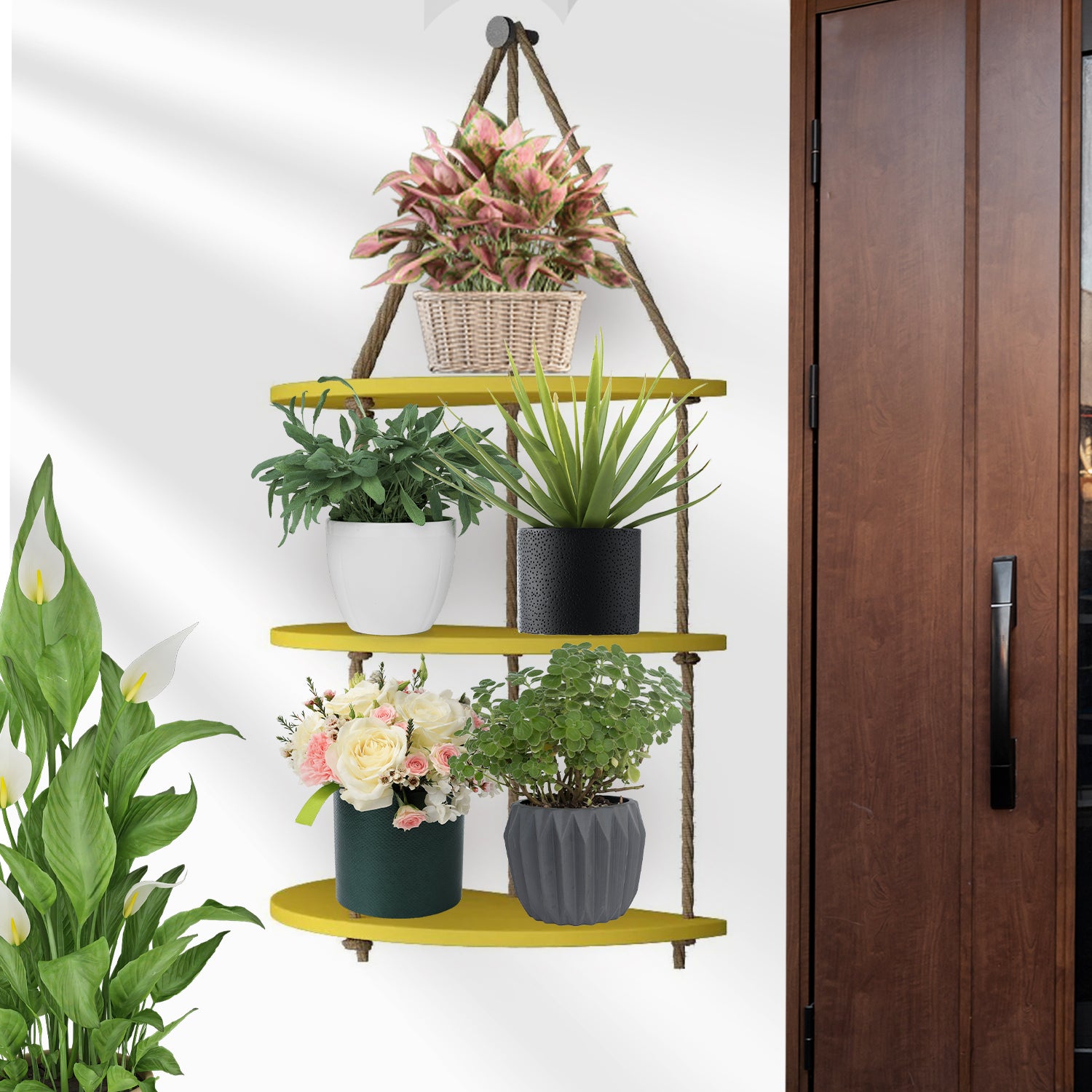 Wooden Wall Hanging Planter Shelf with Rope Three Layers(Yellow)