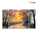 Beautiful Forest Sunset Canvas Wall Painting 5 Pieces
