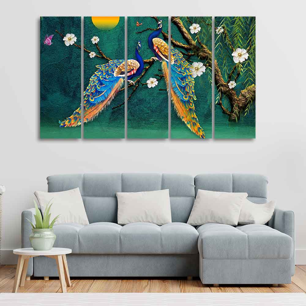 Beautiful Pair of Peacock Wall Painting 5 Pieces