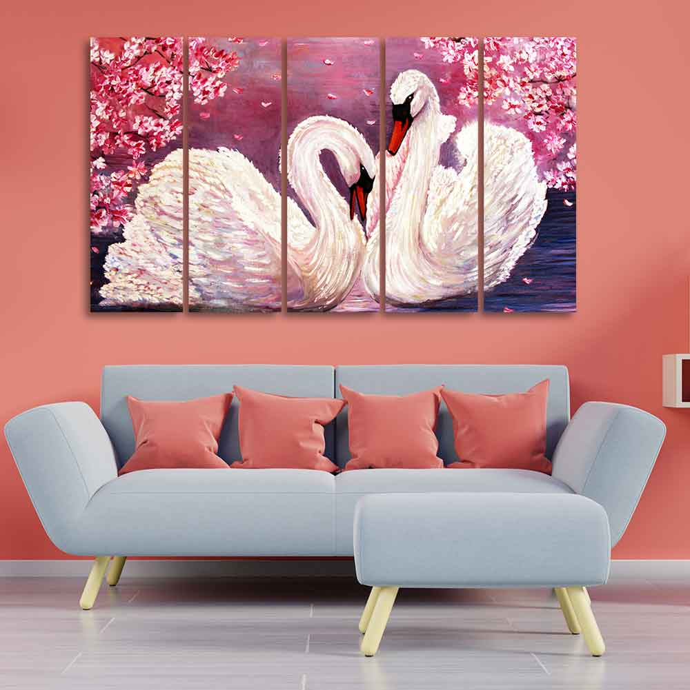 Beautiful Pair of Swans Canvas Wall Painting 5 Pieces
