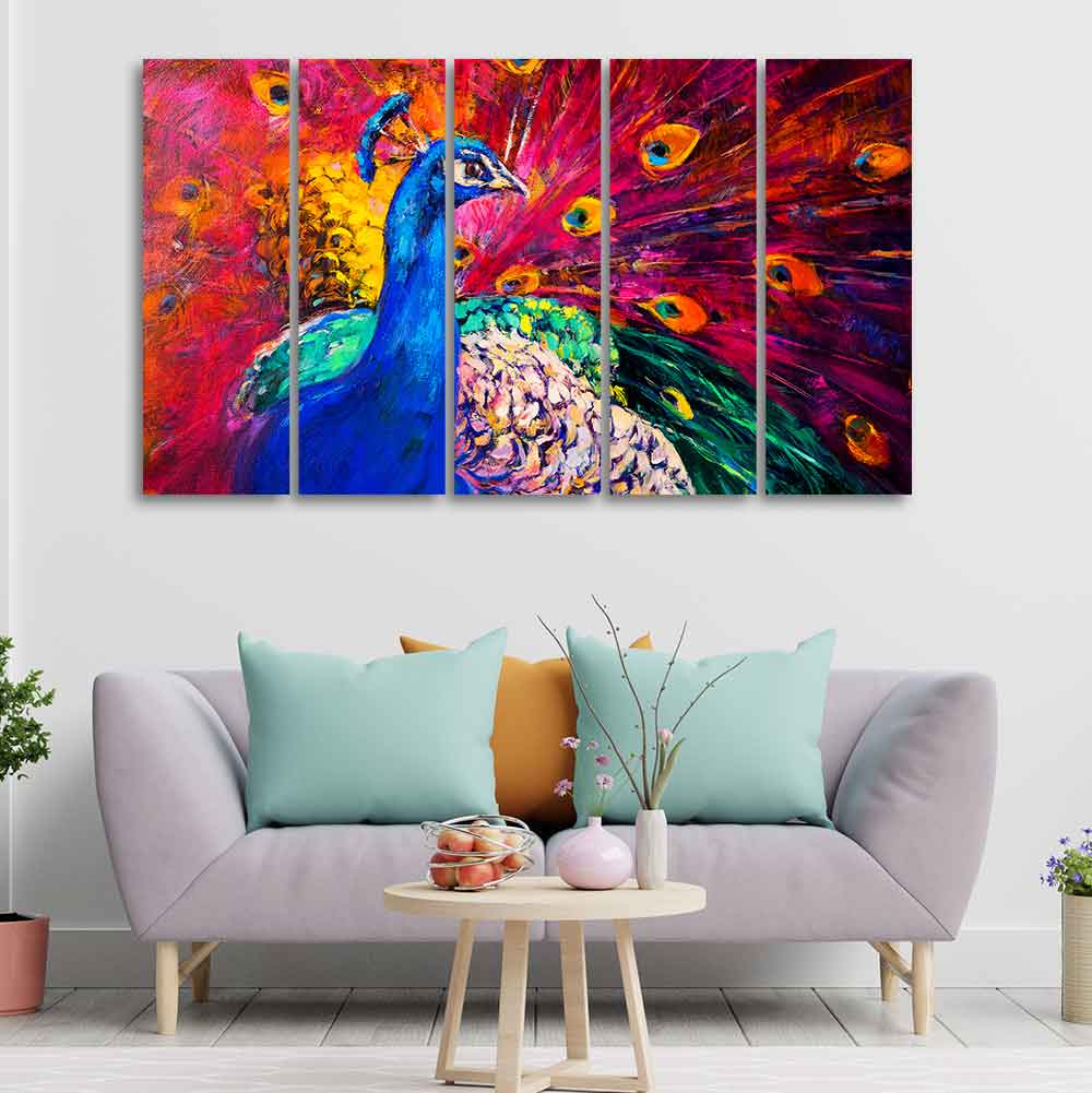 Beautiful Peacock Canvas Wall Painting 5 Pieces