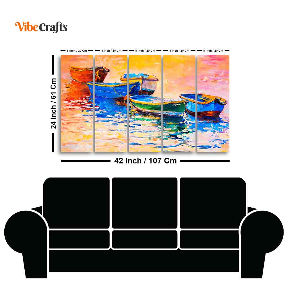 Boats and Sunset Canvas Wall Painting 5 Pieces