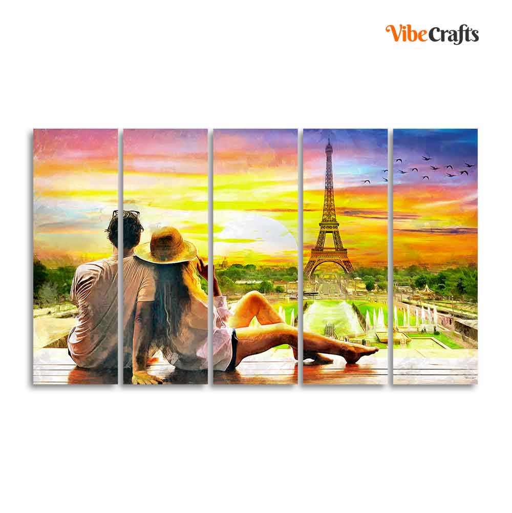 Couple Watching Sunset Paris Canvas Wall Painting 5 Pieces