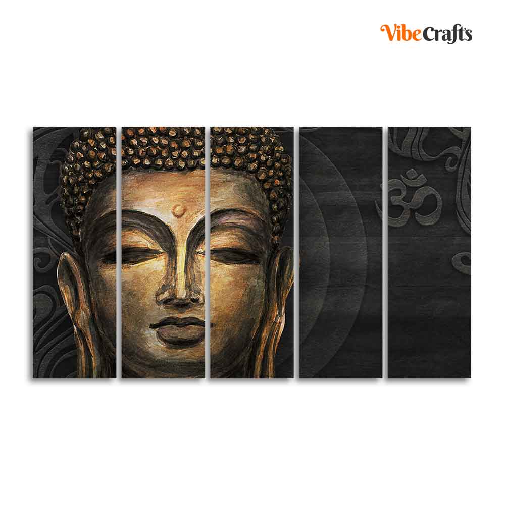 Divine Gautam Buddha Face Wall Painting 5 Pieces