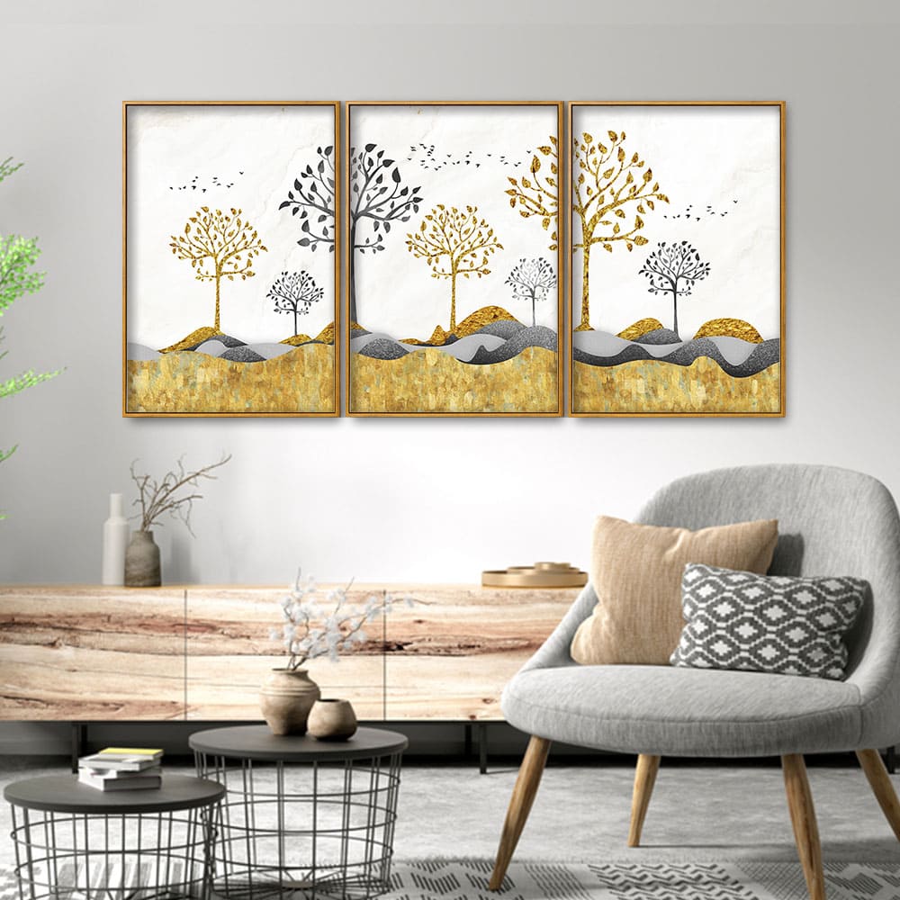 Modern Golden Tree Art Premium Floating Canvas Wall Painting Set of Th ...