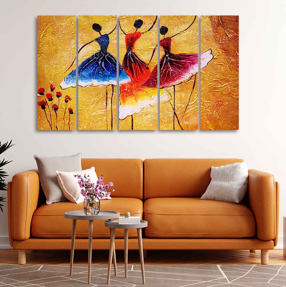 Three Women doing Dance 5 Pieces Premium Canvas Wall Painting