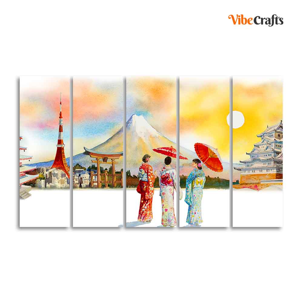 Famous Places of Japan Canvas Wall Painting of Five Pieces