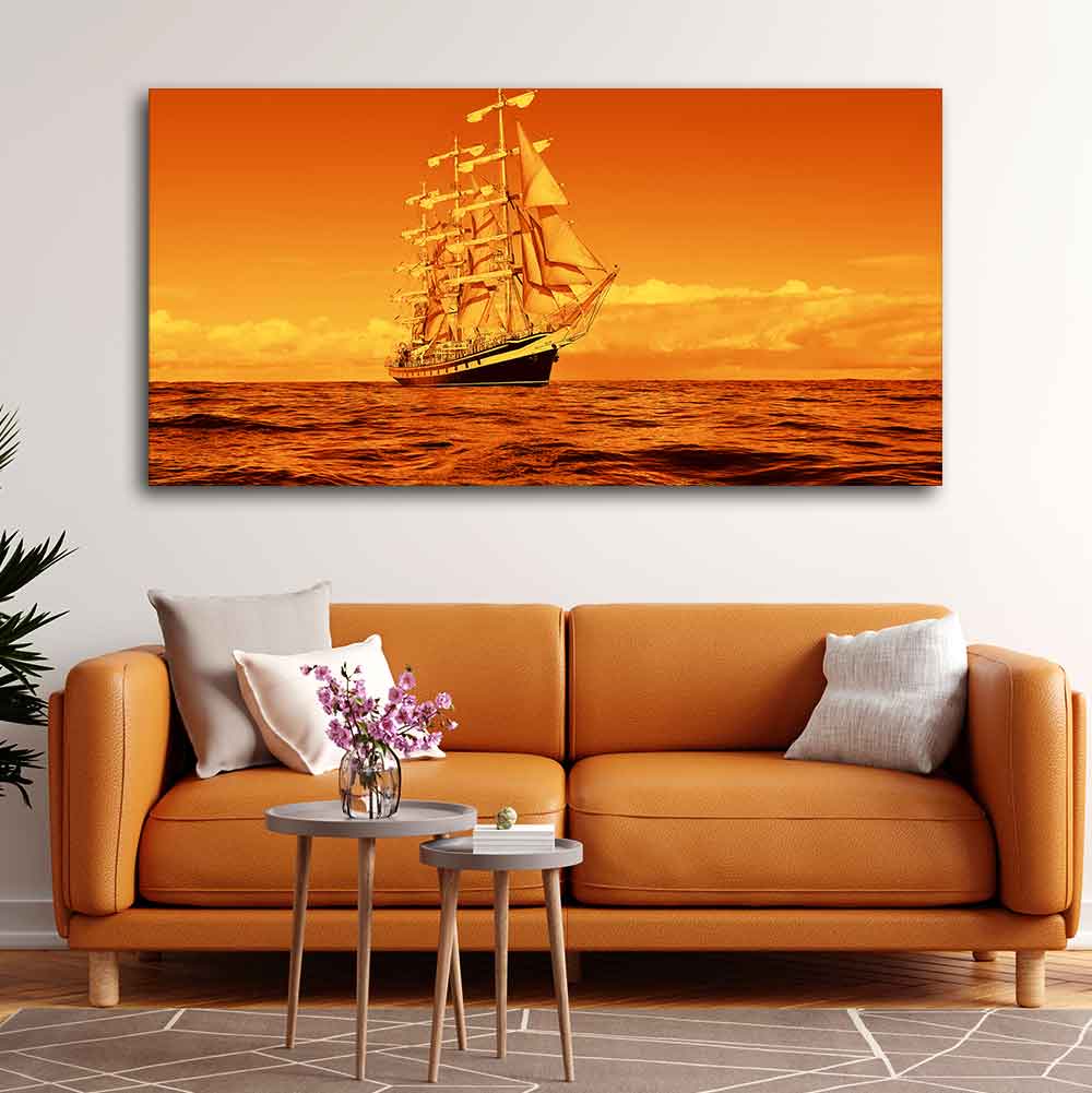 Sailing Ship in a Beautiful Golden Hour Premium Wall Painting