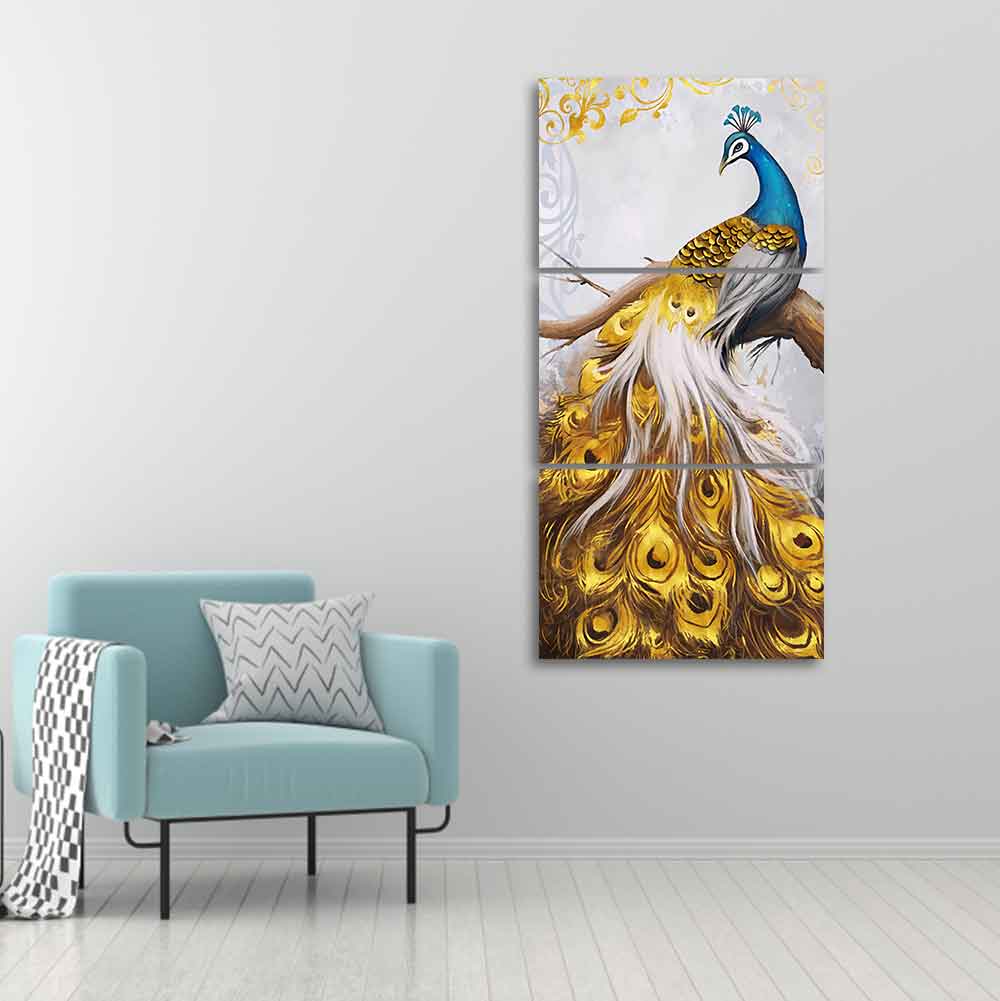 A Beautiful 3 Pieces Wall Painting of Golden Peacock