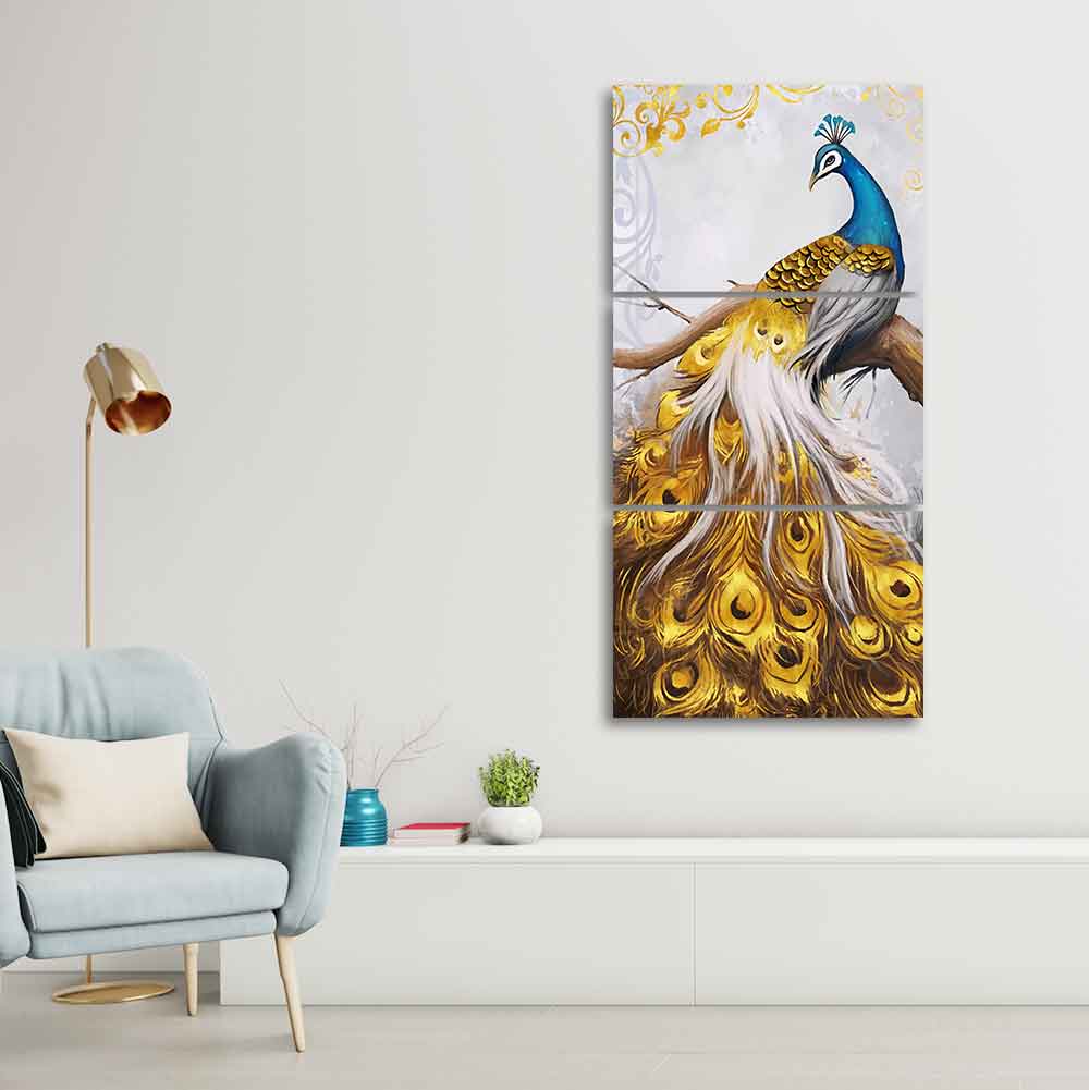 A Beautiful 3 Pieces Wall Painting of Golden Peacock