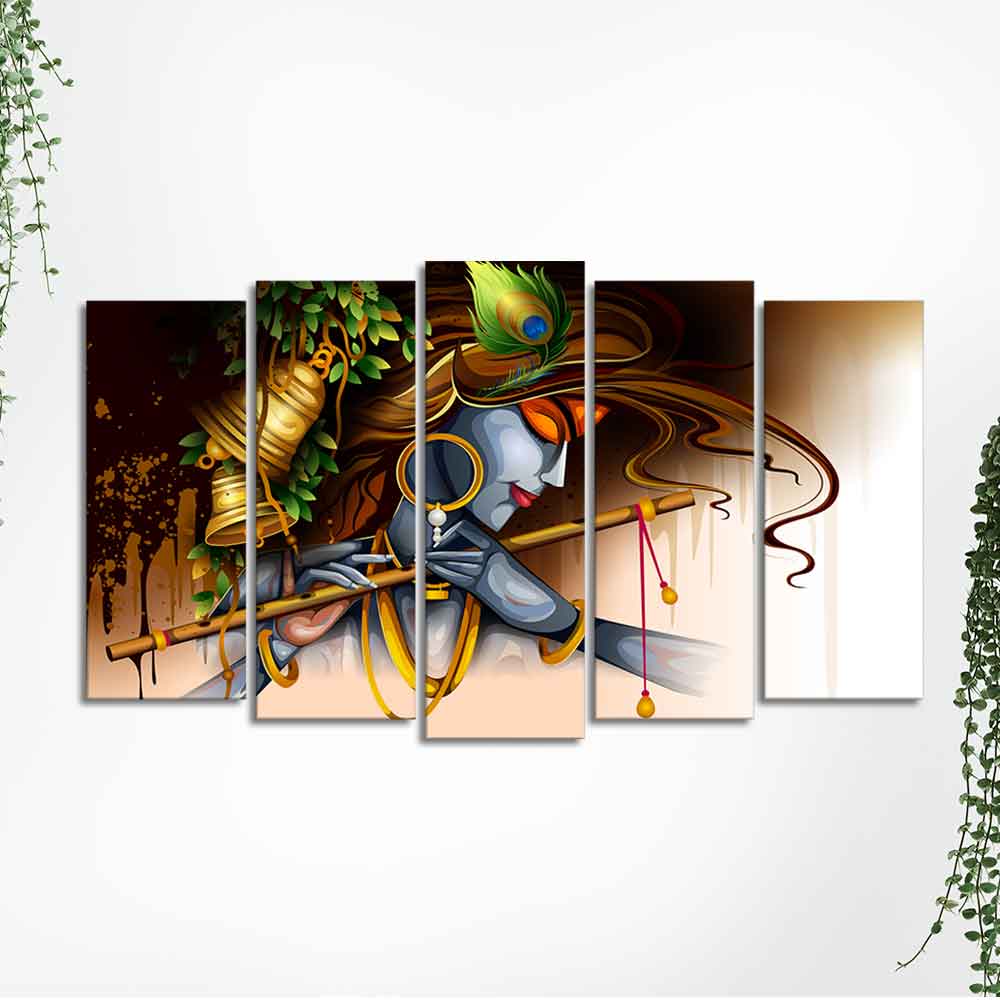 A Beautiful 5 Pieces Premium Wall Painting of Lord Krishna Playing Bansuri