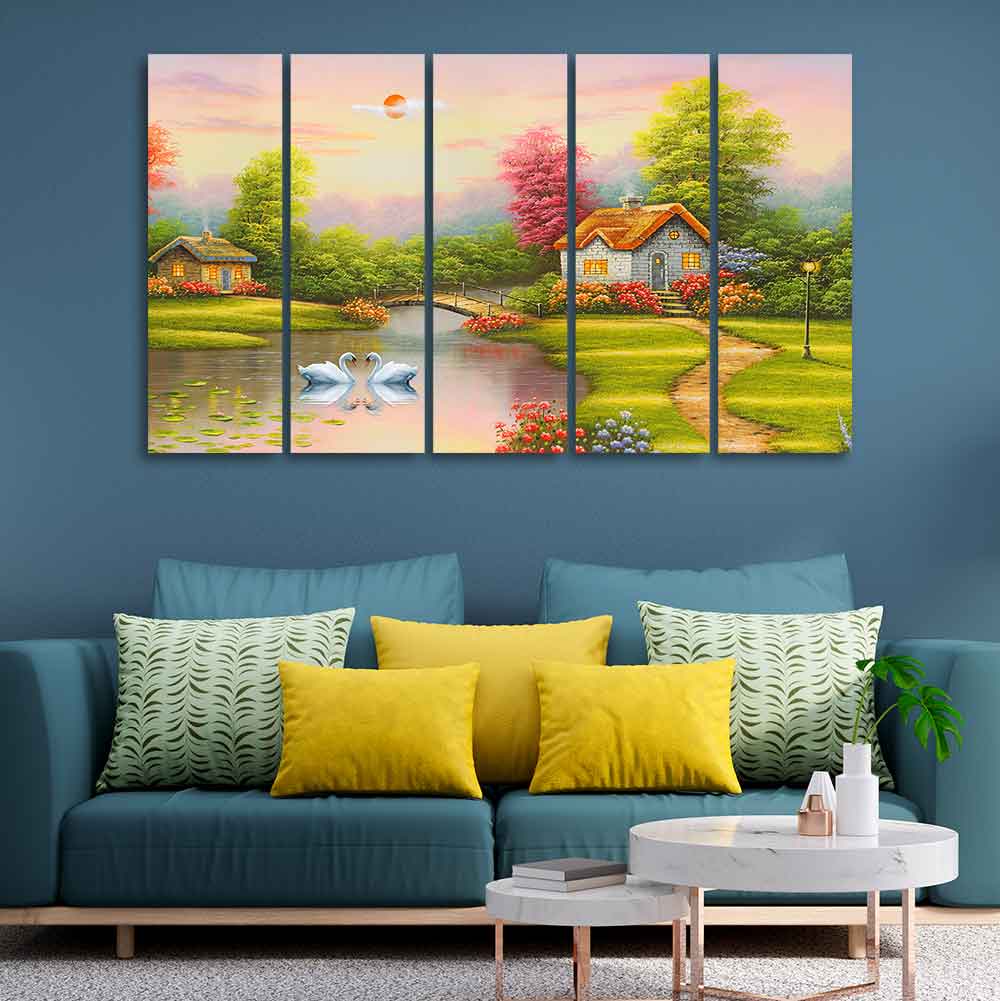 A Beautiful Scenery of Old Houses Canvas Wall Painting of Five Pieces
