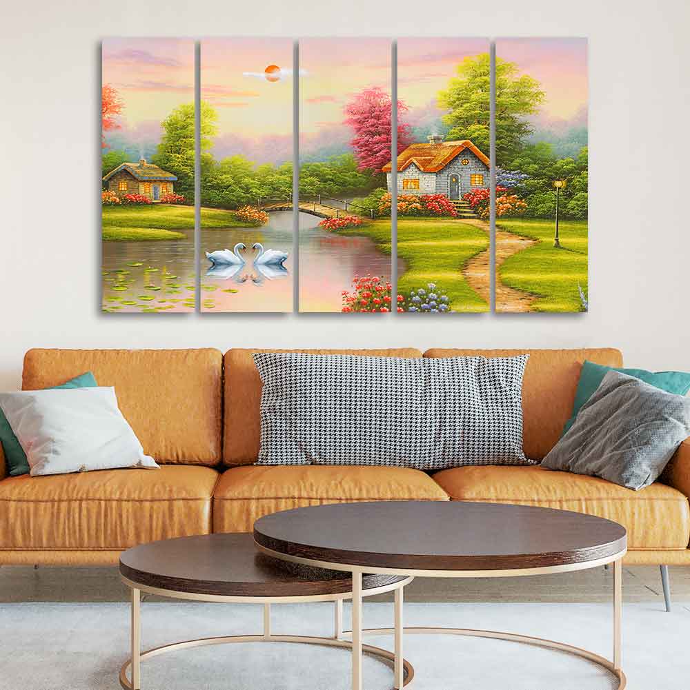 A Beautiful Scenery of Old Houses Canvas Wall Painting of Five Pieces