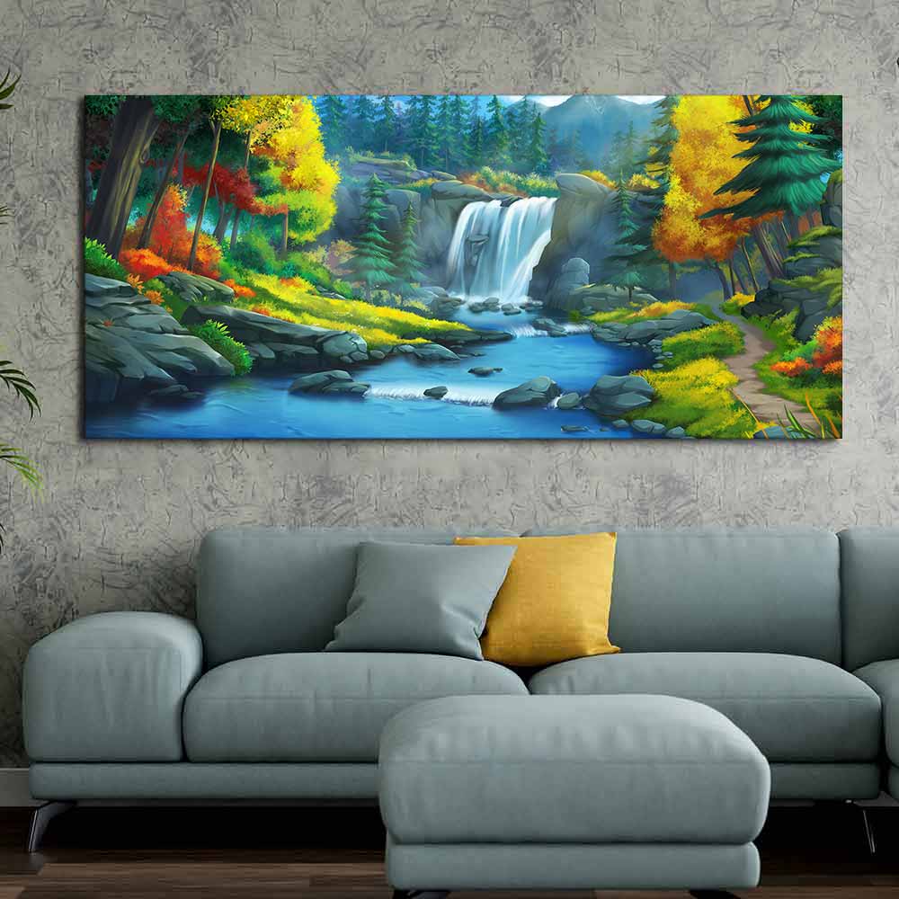 A Beautiful Waterfall In Forest Premium Wall Painting