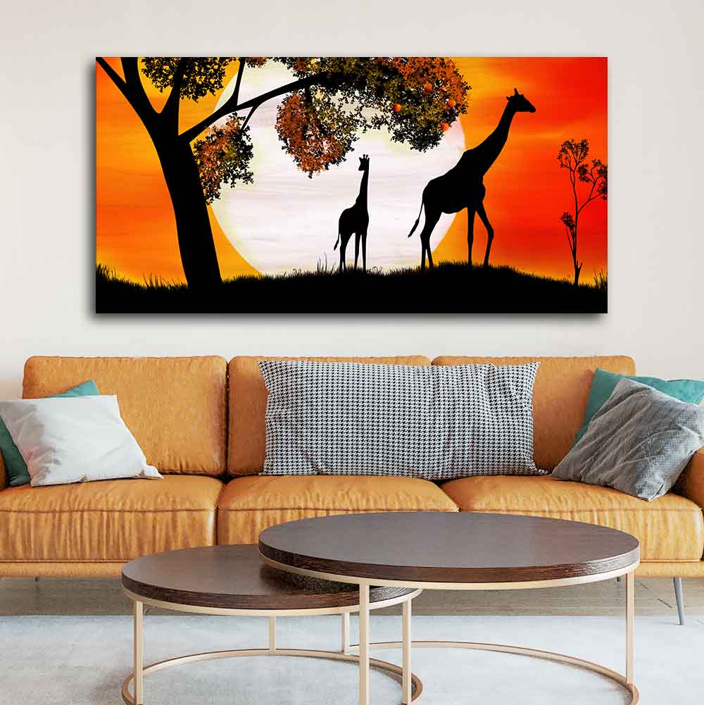 A Pair of Giraffe under a Tree in Sunset Canvas Wall Painting