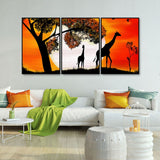  Giraffe under a Tree in Sunset Floating Canvas Wall Painting Set of Three