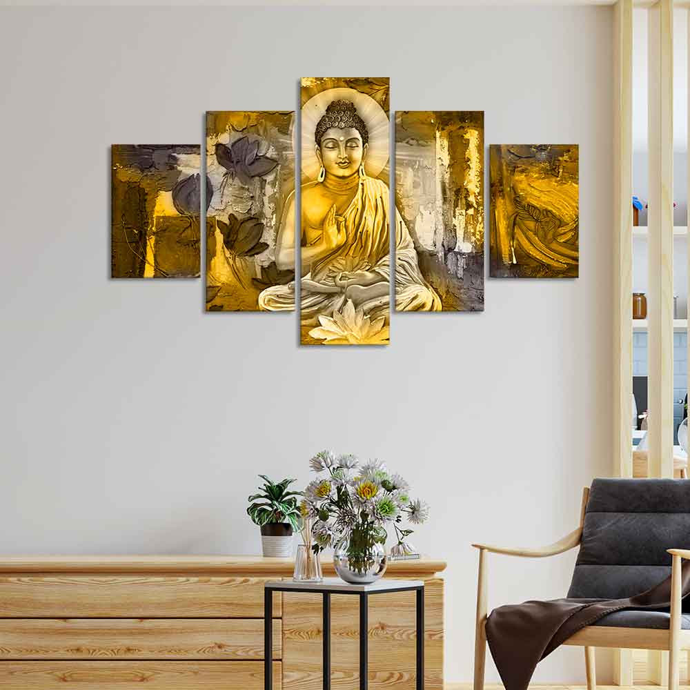 Abstract Art Meditating Lord Buddha Wall Painting Five Pieces